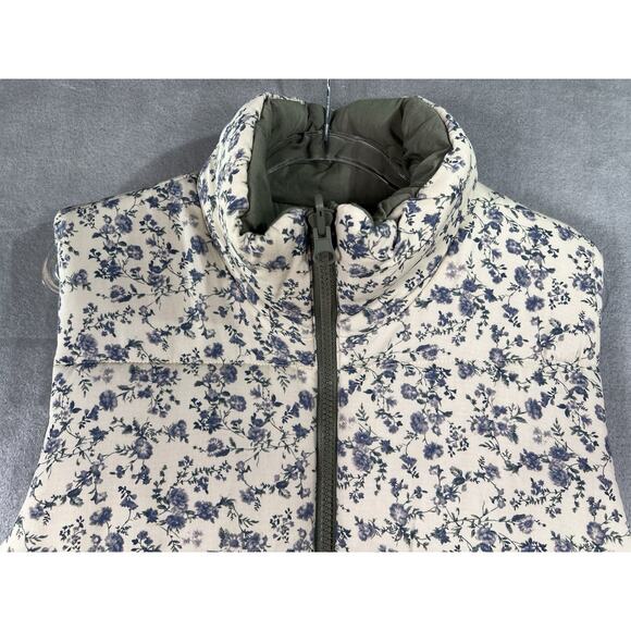 Blank NYC Reversible Puffer Vest Cream Floral Print Olive Green Large Cottage - Picture 7 of 12